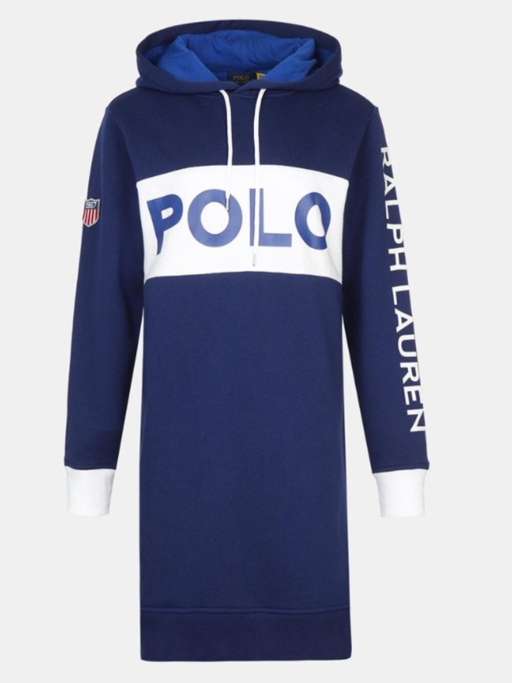 Polo Ralph Lauren Colorblock Fleece Sweatshirt Hoodie Dress in Blue White S NWOT